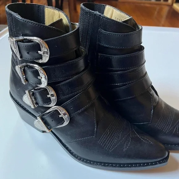 TOGAPULLA 4lcowboy ブーツ Toga Pulla Four Buckle Western Leather Black Boots Size 35-1